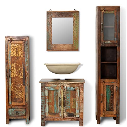 Möbel, Möbel-Sets, Badezimmermöbel-Sets, recyceltes Massivholz-Kosmetikschran k-Set mit Spiegel und 2 Seitenschränken