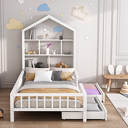 Hausbett Kinderbett Jugendbett 200x90 Funktionsbett mit Bücherregal Ablage mit Fallschutz Multifunktionsholz Kinderbett Jungen und Mädchen Weiß Schubladen Massivholz Kinderbett mit Lattenrost Weiß