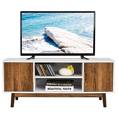 KOMFOTTEU TV Lowboard, Fernsehtisch mit 2 Ablagefächer, offene Regale & Kabelloch, TV Schrank für Fernseher bis zu 50 Zoll, Fernsehschrank für Wohnzimmer & Schlafzimmer