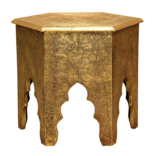Casa Moro Orientalischer Beistelltisch Targa Höhe 46 x Ø 46 cm Holz-Tisch komplett mit Messingintarsien Verkleidet im Antik-Gold Look | Kunsthandwerk Pur | MA77-345