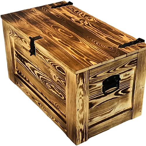 weeco Holztruhe aus Massivholz, Holzkoffer Industrieller Stil (80x45x45cm, geflammt) Schatztruhe - Spielzeugkiste Truhe Bank. Beistelltisch mit Metallgriffen