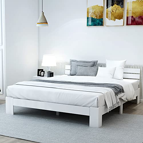 Massivholz Doppelbett mit Lattenrost, Doppelt Bett aus Holz mit Kopfteil, für Erwachsene, Kinder, Jugendliche 140x200 cm (Weiß)