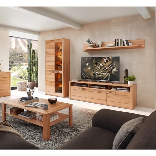 Wohnwand Wohnzimmermöbel inkl. Beleuchtung Vitrine Wandboard TV Lowboard Couchtisch, Front Kernbuche massiv