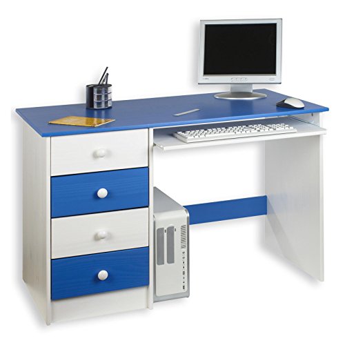 IDIMEX Kinderschreibtisch Schülerschreibtisch MALTE Schreibtisch mit Tastaturauszug und 4 Schubladen, Kiefer massiv weiß/blau lackiert
