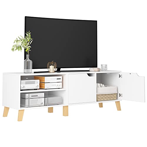 Lowboard TV-Schrank weiß, Fernsehschrank Holz, Fernsehtisch für Fernseher bis zu 60 Zoll, für Wohnzimmer 140x48x40cm