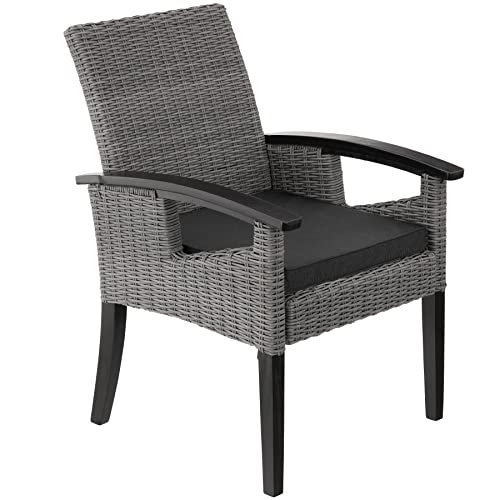 TecTake Alu Rattan Stuhl mit Armlehnen und Beinen aus Massivholz, wetterfest und UV-beständig, Rattanstuhl für Garten, Terrasse und Balkon, Outdoor Sessel, Gartenstuhl inkl. Sitzpolster (Grau)