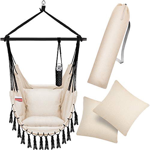 KESSER® Hängesessel mit 2 Kissen Getränkehalter & Bücherfach - Safari XXL Hängestuhl für Erwachsene & Kinder Hängematte bis 150 kg Hängesitz Aufhängung Indoor & Outdoor Wohn & Garten Terrasse Beige