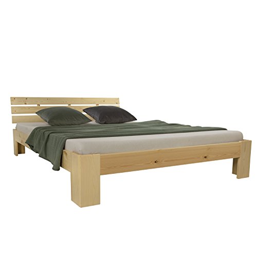 Homestyle4u 1839, Holzbett 180 x 200 cm, Doppelbett mit Lattenrost, Natur, Kiefer Massivholz