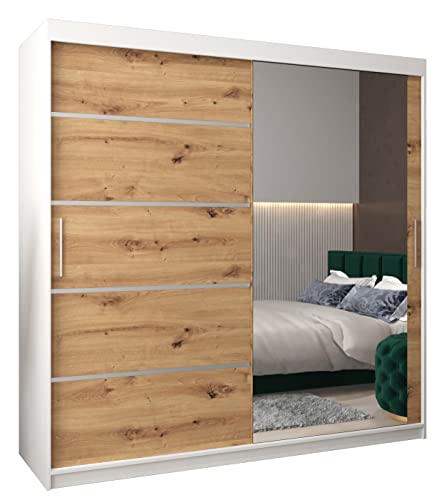 Kryspol Schwebetürenschrank Verona 2-200 cm mit Spiegel Kleiderschrank mit Kleiderstange und Einlegeboden Schlafzimmer- Wohnzimmerschrank Schiebetüren Modern Design (Weiß + Artisan Eiche)