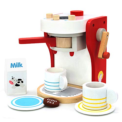 yoptote 17111- Kinderrollenspiele Kaffeemaschine aus Holz Spielzeugküche Zubehör, inkl. 2 Tasse, Milchbox und 1x Kaffeepad für Kinder 3 4 Jahre Alt (8-TLG)