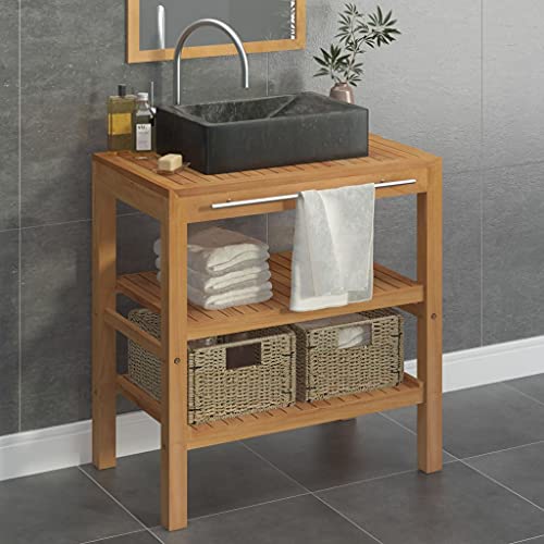 Waschtisch Massivholz Teak Marmor 2 Körben Badtisch Regal Aufsatzwaschbecken Badmöbel Unterschrank Badschrank für Badezimmer Waschraum