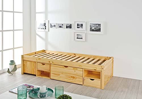 Inter Link - Funktionsbett - Stauraumbett - Bett mit Schubladen - Kiefer massivholz - Für Erwachsene, Kinder, Jugendliche - Einzelbett - Mit Lattenrost - Natur lackiert- Claas 90 x 200 cm