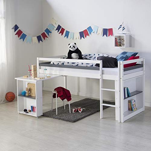 Homestyle4u 1880, Kinder Hochbett mit Schreibtisch, Kinderbett 90x200 Weiß, Holz Kiefer