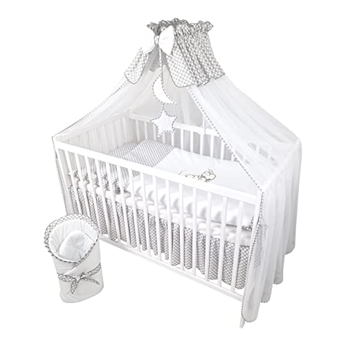 Bello24 - 13 Teiliges Babybett Kinderbett und Bettwäsche komplett Set Happy Leo inkl. Matratze höhenverstellbar für Neugeborene Babys und Kleinkinder aus Massivholz (Grau - Teddybär Mond)