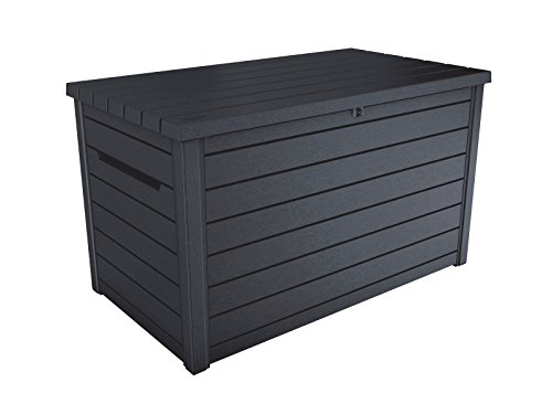 Koll Living Auflagenbox/Kissenbox Goliath XXL 870 Liter Farbe : Graphit l 100% Wasserdicht l Belüftung dadurch kein übler Geruch/Schimmel l Moderne Holzoptik l Deckel belastbar bis 50 KG