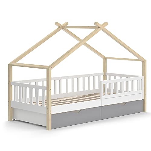 VitaliSpa Kinderbett Hausbett Einzelbett Design modern Kinderzimmer Bett Massivholz Lattenrost Schublade Rausfallschutz Schubladenbett (Weiß-Grau-Natur, 90x200 cm ohne Matratze)