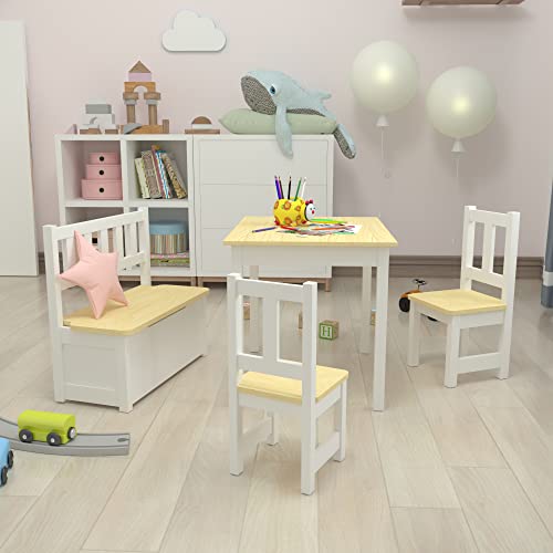 [en.casa] Kindertischset Lousame mit aufklappbarer Sitzbank und 2 Stühlen Kindertisch-Set Kindermöbel Sitzgruppe Kiefernholz Natur/Weiß