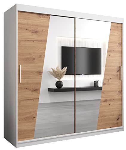 Kryspol Schwebetürenschrank Rhomb 200 cm mit Spiegel Kleiderschrank mit Kleiderstange und Einlegeboden Schlafzimmer- Wohnzimmerschrank Schiebetüren Modern Design (Weiß + Artisan Eiche)