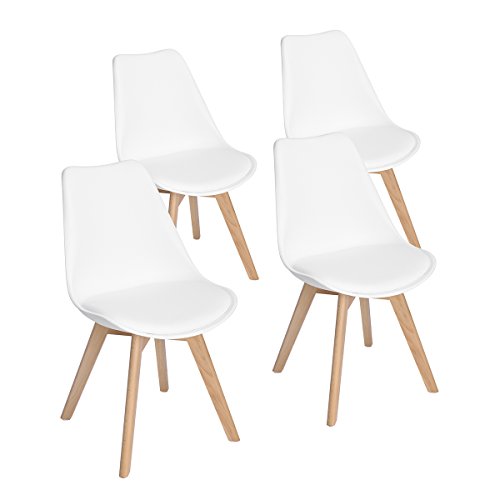 EGGREE 4er Set Esszimmerstühle Buche Bein, Retro Design Gepolsterter Stuhl Küchenstuhl Holz, Weiß