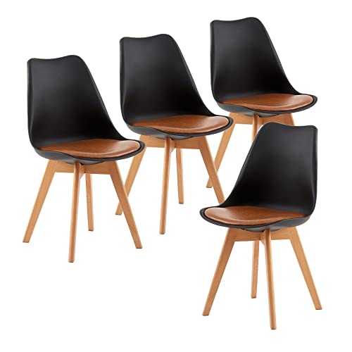 EGGREE 4er Set Esszimmerstühle mit Massivholz Buche Bein, Skandinavisch Design Gepolsterter aus PU-Leder Küchenstuhl Essstühle, Schwarz & Braun