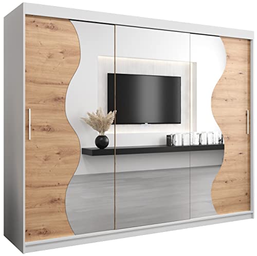 Kryspol Schwebetürenschrank Madryt 250 cm mit Spiegel Kleiderschrank mit Kleiderstange und Einlegeboden Schlafzimmer- Wohnzimmerschrank Schiebetüren Modern Design (Weiß + Artisan Eiche)
