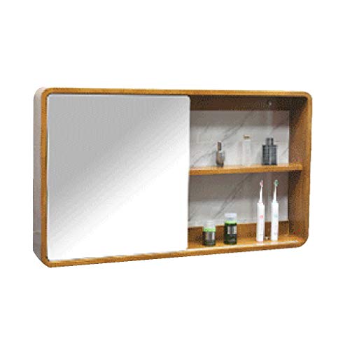 Spiegelschränke Massivholz-Spiegelschrank Badezimmerspiegelschrank Eiche Wandspiegelschrank WC Sliding Spiegel Mit Regal Schrank (Color : Brown, Size : 80 * 60cm)
