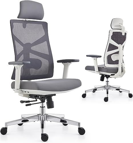 HOLLUDLE Ergonomischer Bürostuhl mit Adaptiver Rückenlehne, Schreibtischstuhl mit 4D Armlehnen, Verstellbarer Sitztiefe, Lendenwirbelstütze und 2D Kopfstütze, Atmungsaktiver Netz-Chefsessel, Weiß