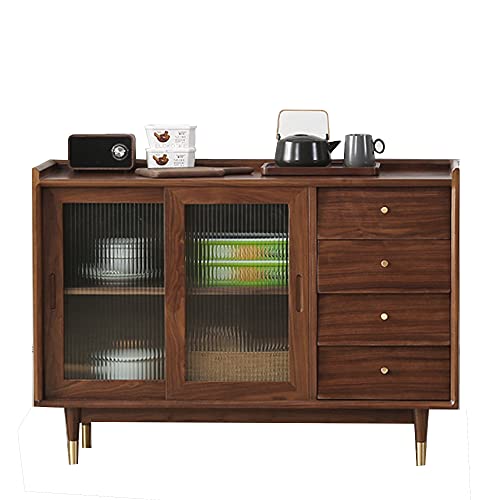 QINJIE MASSIVHOLZ Universal Buffet Sideboard, Modernes Holz Buffet Server Sideboard, Mit 1 Vitrine und 4 Schubladen für Flur, Eingangsbereich, Wohnzimmer, Küche,39in