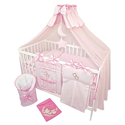 Bello24 - 16 Teiliges Babybett Kinderbett und Bettwäsche komplett Set Happy Leo inkl. Matratze höhenverstellbar für Neugeborene Babys und Kleinkinder aus Massivholz (Teddybär Mond Rosa)