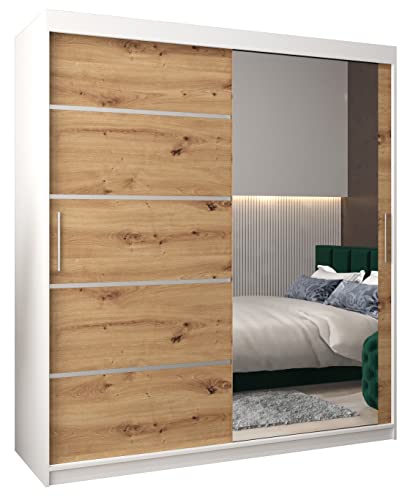 Kryspol Schwebetürenschrank Verona 2-180 cm mit Spiegel Kleiderschrank mit Kleiderstange und Einlegeboden Schlafzimmer- Wohnzimmerschrank Schiebetüren Modern Design (Weiß + Artisan Eiche)