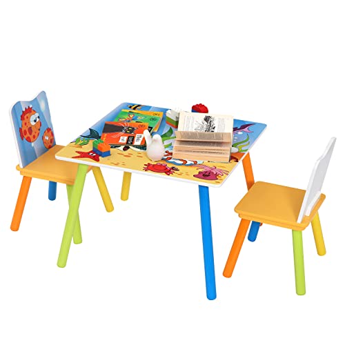 WOLTU Kindertisch mit 2 Stühlen, Kindersitzgruppe mit Meer-Motiv, Tisch und Stühle für Kinder aus E1-MDF Massivholz, abgerundete Ecken sicher, Tisch 60x44x60 cm, Stuhl 26,8x50x26,8 cm