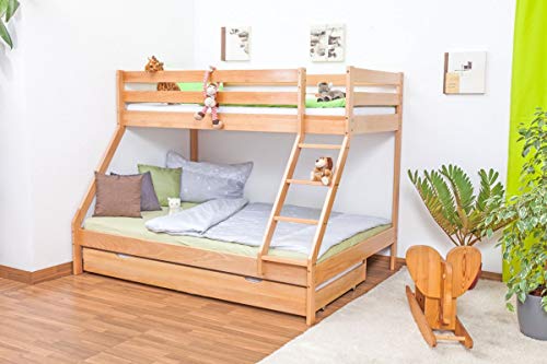 Etagenbett/Spielbett Lukas  Light  Buche massiv Natur mit schräger Leiter, inkl. Rollrost