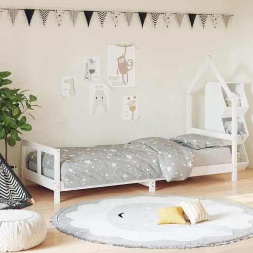 Festnight Kinderbett 80x200 cm Weiß Bettrahmen für Jungen & Mädchen ab 4 Jahren Kinder Bett Holz Jugendbett Massivholz Holzbett Bettgestell mit Lattenroste Einzelbett Hausbett Kinderzimmer