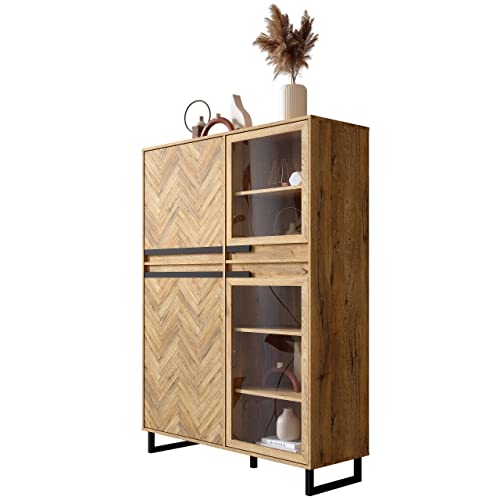 Vitrine Bartex Eiche Fischgrätenmuster Standvitrine Modern Klassisch - 114,9x162,6x42 cm (BxHxT) - Vitrinenschrank Glasvitrine Highboard - [Melami.three] Wohnzimmer Schlafzimmer Flur Esszimmer