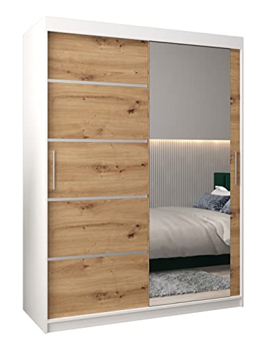 Kryspol Schwebetürenschrank Verona 2-150 cm mit Spiegel Kleiderschrank mit Kleiderstange und Einlegeboden Schlafzimmer- Wohnzimmerschrank Schiebetüren Modern Design (Weiß + Artisan Eiche)