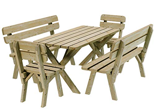 PLATAN ROOM Gartengarnitur Holz Kiefer Sitzgruppe 150 cm breit Gartenbank Gartentisch massiv Imprägniert (Set 2 (Tisch + 2 Bänke + 2 Stühle), 150 cm)