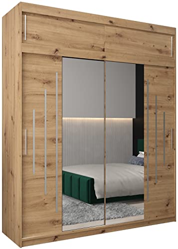 Kryspol Schwebetürenschrank York 1-200 cm mit Spiegel Kleiderschrank mit Kleiderstange und Einlegeboden Schlafzimmer- Wohnzimmerschrank Schiebetüren Modern Design (Artisan Eiche mit Erweiterung)