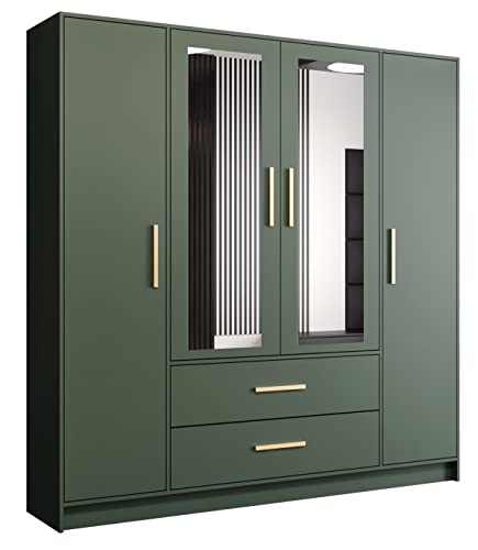 KRYSPOL Drehtürenschrank Berlin 201 Garderobenschrank, Kleiderschrank mit 4 Türen, 2 Schubladen und 2 Spiegel, Modern Design (Berlin - Grün + Gold)