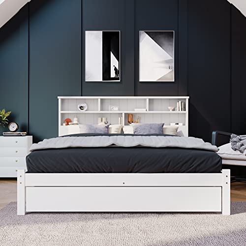 FEZTOY Doppelbett mit Schrank, 2022 Neu jugendbett mit Bücherregal & Unterbettschublade, weiß Bett mit Regalwand, Funktionsbett, Kinderbett, Jugendbett, Bettliege (140x200CM)