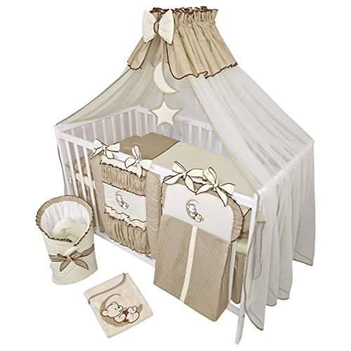 Bello24 - 16 Teiliges Babybett Kinderbett und Bettwäsche komplett Set Happy Leo inkl. Matratze höhenverstellbar für Neugeborene Babys und Kleinkinder aus Massivholz Teddybär Mond Dunkelbeige