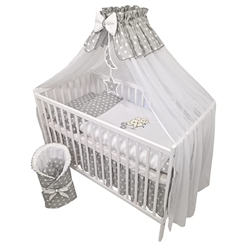 Bello24 - 13 Teiliges Babybett Kinderbett und Bettwäsche komplett Set Happy Leo inkl. Matratze höhenverstellbar für Neugeborene Babys und Kleinkinder aus Massivholz (Elefanten - Grau)