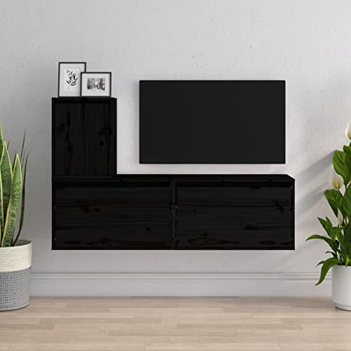 Gecheer 3 STK. TV-Schränke TV Cabinet TV-Schrank Wohnschrank Wohnzimmer Schrankwand Wohnwand Mediawand Wohnzimmer TV Set Modernes TV Möbel Wohnzimmer Set Hängeregal Schwarz Massivholz Kiefer