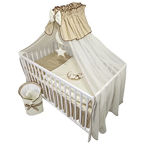 Bello24 - 13 Teiliges Babybett Kinderbett und Bettwäsche komplett Set Happy Leo inkl. Matratze höhenverstellbar für Neugeborene Babys und Kleinkinder aus Massivholz Bestickt Teddybär Mond Dunkelbeige