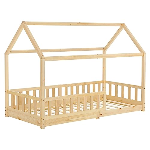 Juskys Kinderbett Marli 90 x 200 cm mit Rausfallschutz, Lattenrost und Dach - Massivholz Hausbett für Kinder - Bett in Natur