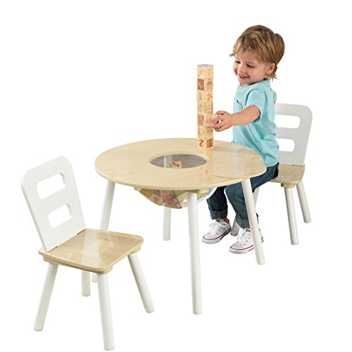 KidKraft Runder Kindertisch mit Stauraum und 2 Stühlen aus Holz - Kindersitzgruppe mit Aufbewahrungsfach, Kinder Tisch Stuhl Set, Kinderzimmer Möbel, 27027