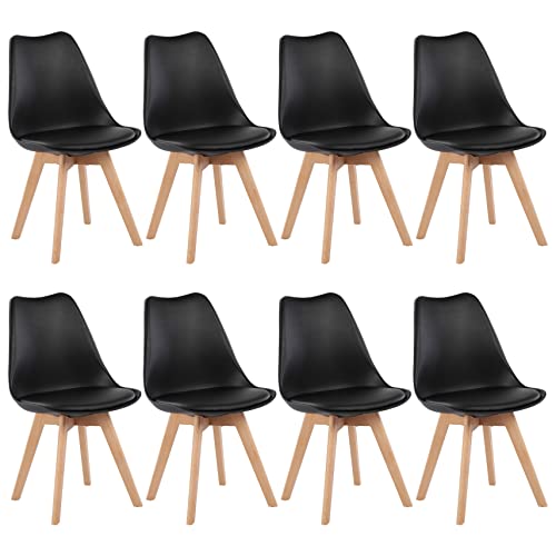 EGGREE Esszimmerstühle 8er Set mit Massivholz Buche Bein, Skandinavisch Design Stühle mit Massivem Holz und Weiche Sitzpolsterung, Schwarz