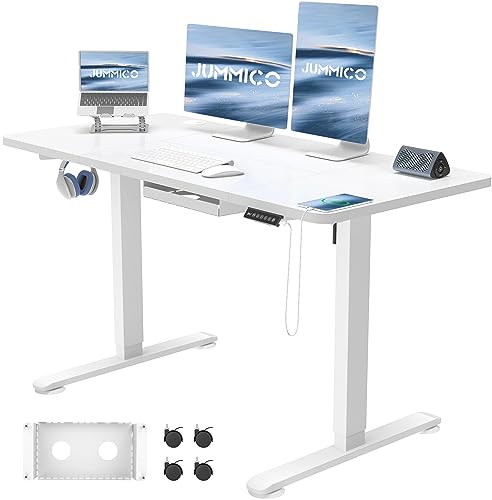 JUMMICO Höhenverstellbarer Schreibtisch 120x60 cm mit USB-Buchse und Kabelwanne, Schreibtisch Höhenverstellbar Elektrisch Verstellbarer Computertisch, Steh-Sitztisch Stehpult Stehschreibtisch(Weiß)