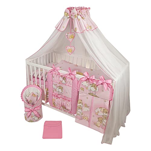 Bello24 - 16 Teiliges Babybett Kinderbett und Bettwäsche komplett Set Happy höhenverstellbar für Neugeborene Babys und Kleinkinder aus Massivholz in fantastischen Farben (Rosa Teddybär auf Leiter)