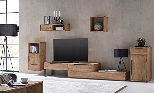 Woodkings® Wohnwand massiv Holz, 5teilig, Auckland, TV-Bank variabel erweiterbar, Kommode, Hängeregal, Wandboard, Würfel Wandregal, Schrankwand Wohnzimmer Möbel (Akazie, 2 Schub)