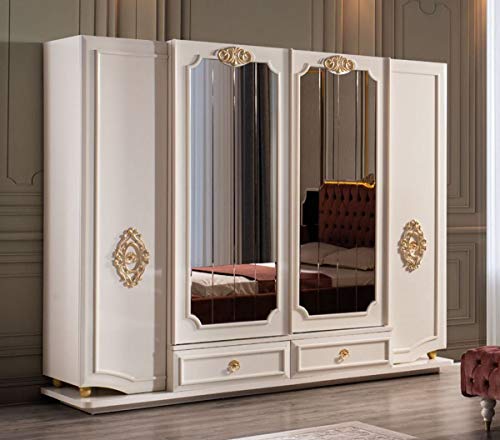 Casa Padrino Luxus Barock Schlafzimmerschrank Weiß/Gold 267 x 73 x H. 223 cm - Edler Massivholz Kleiderschrank - Schlafzimmer Möbel im Barockstil - Luxus Qualität